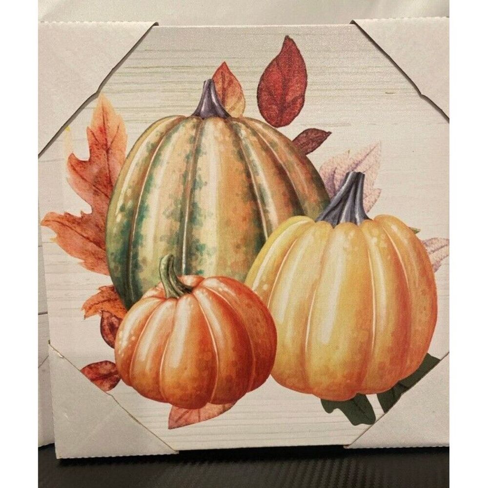 Pumpkins & Fall Leaves 10" x 10" Autumn Harvest Hanging Canvas Print Decor New